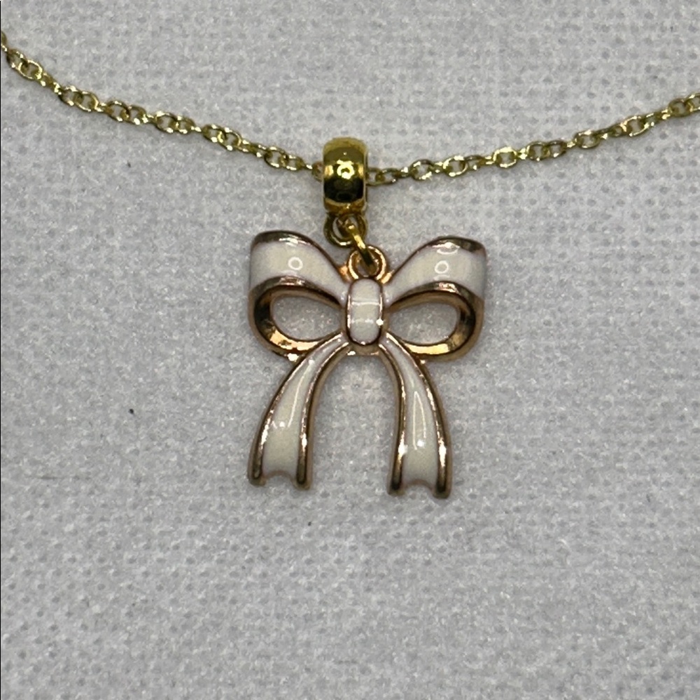 Artisan Handmade Gold Plated Sterling Silver White Enamel Bow Charm Necklace